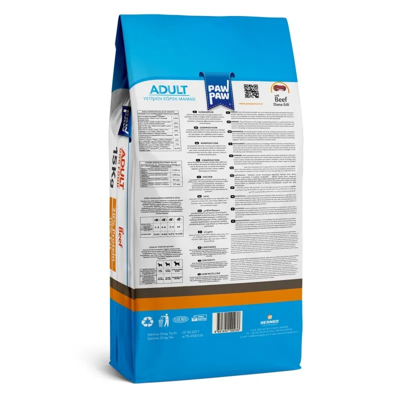 Pawpaw 15kg Ξηρά Τροφή για Ενήλικους Σκύλους με Μοσχάρι