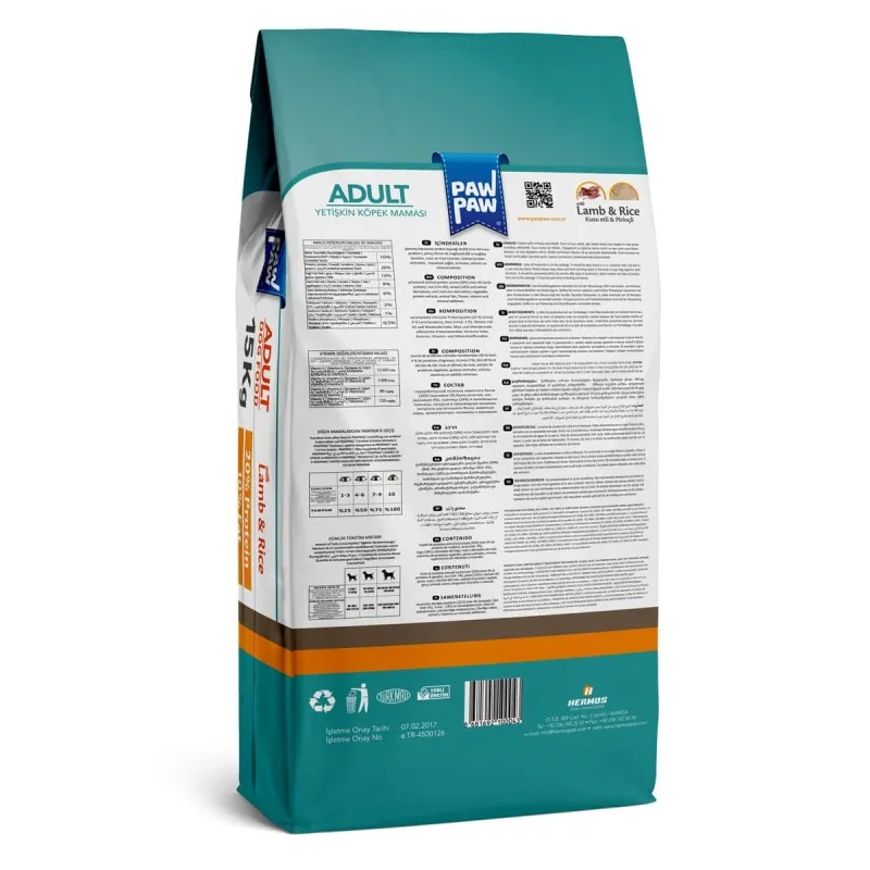 Pawpaw 15kg Ξηρά Τροφή για Ενήλικους Σκύλους με Αρνί και Ρύζι